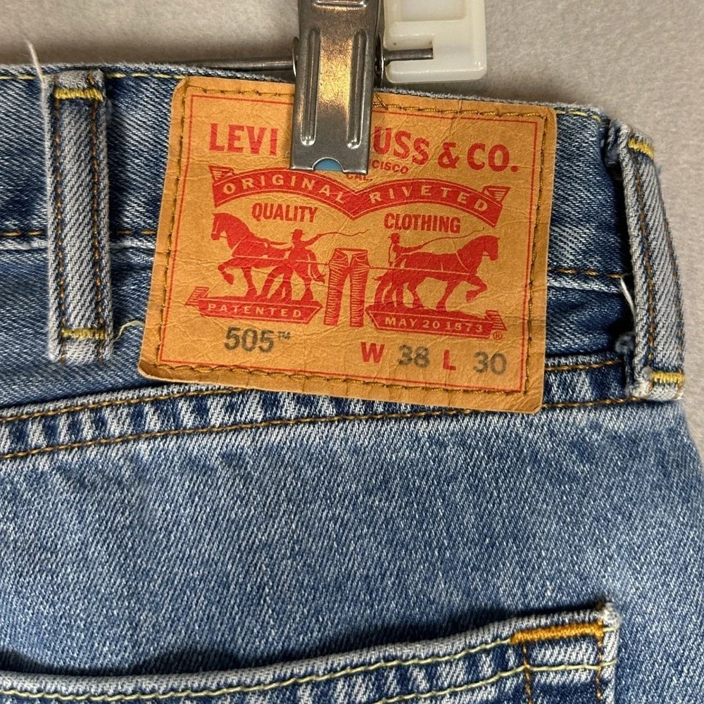 Levis 505 Jeans Mens 38X30 Blue Regular Fit Straight Leg Distressed Casual Denim